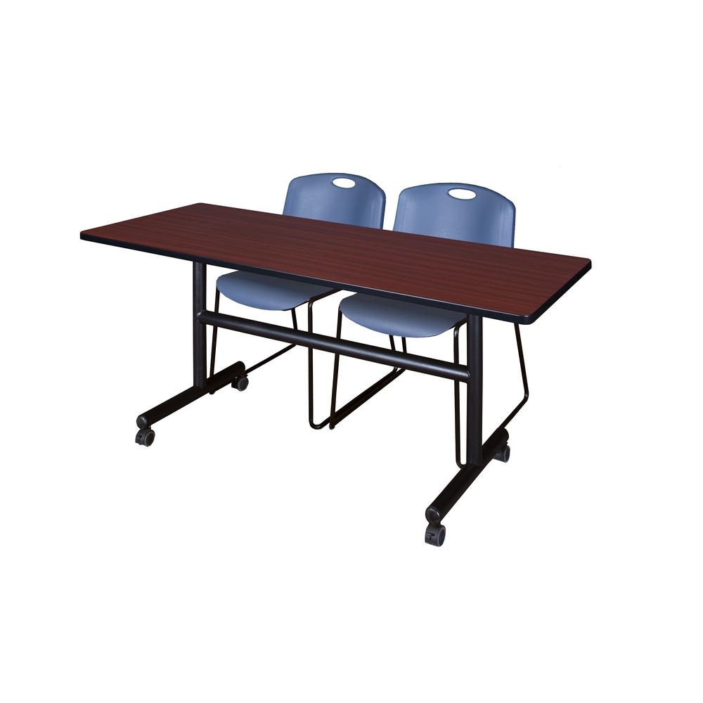 60" x 30" Flip Top Mobile Training Table- Mahogany and 2 Zeng Stack Chairs- Blue. Picture 1