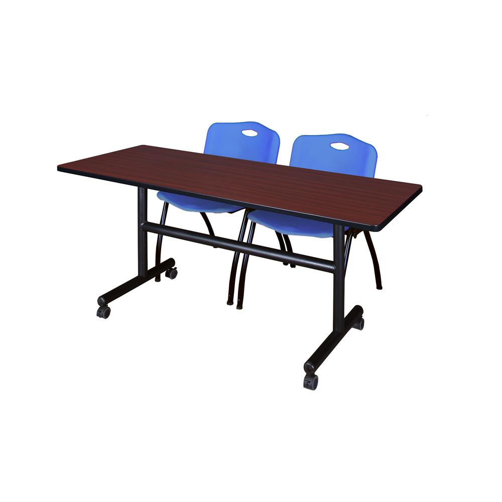 60" x 30" Flip Top Mobile Training Table- Mahogany and 2 "M" Stack Chairs- Blue. Picture 1