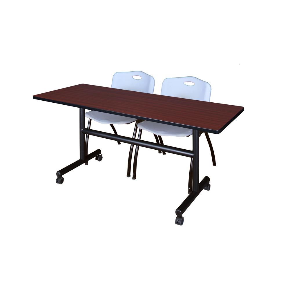 60" x 30" Flip Top Mobile Training Table- Mahogany and 2 "M" Stack Chairs- Grey. Picture 1