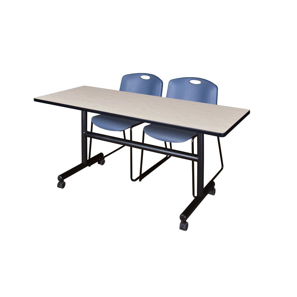60" x 30" Flip Top Mobile Training Table- Maple and 2 Zeng Stack Chairs- Blue. Picture 1