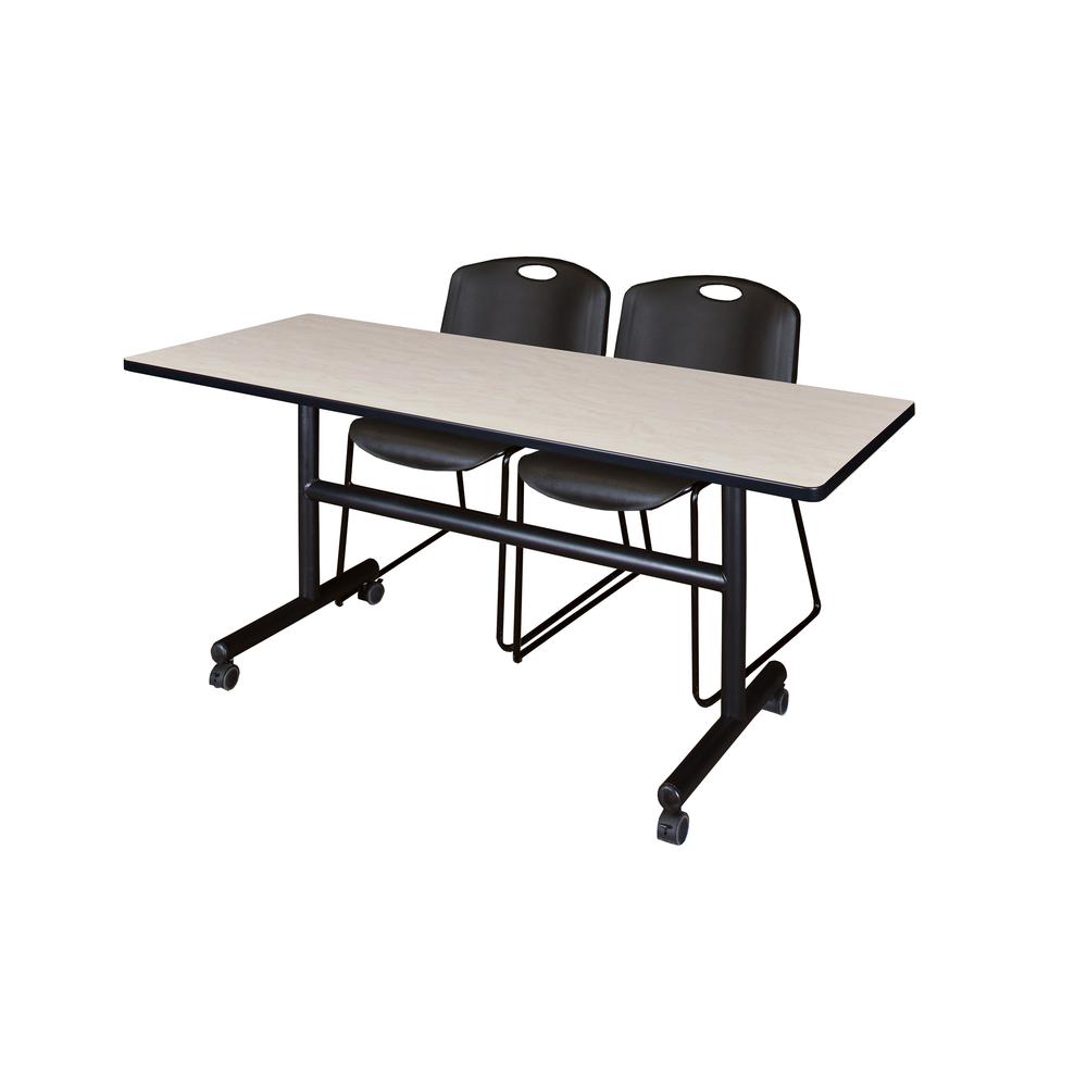60" x 30" Flip Top Mobile Training Table- Maple and 2 Zeng Stack Chairs- Black. Picture 1