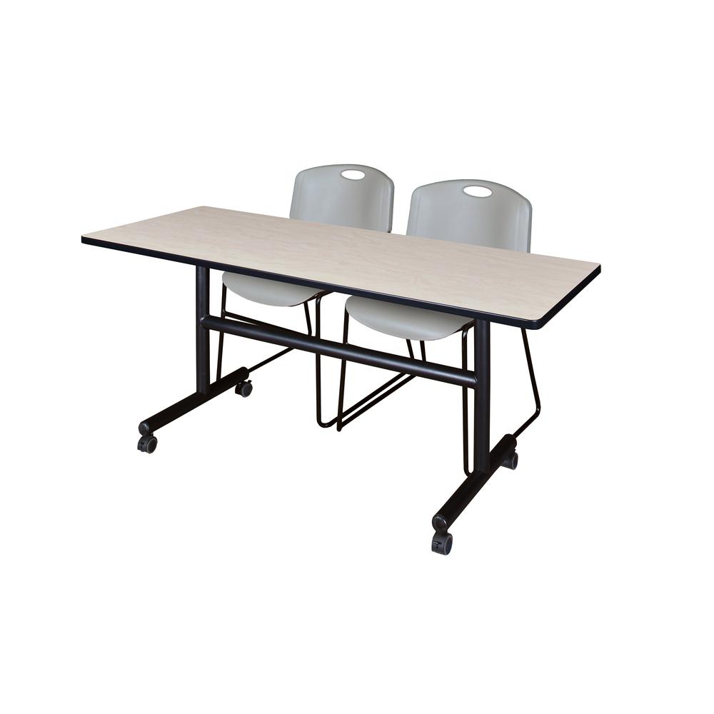 60" x 30" Flip Top Mobile Training Table- Maple and 2 Zeng Stack Chairs- Grey. Picture 1