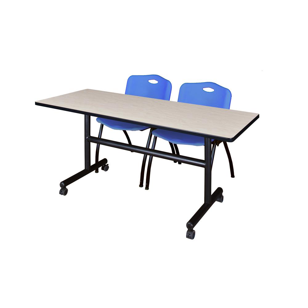 60" x 30" Flip Top Mobile Training Table- Maple and 2 "M" Stack Chairs- Blue. Picture 1