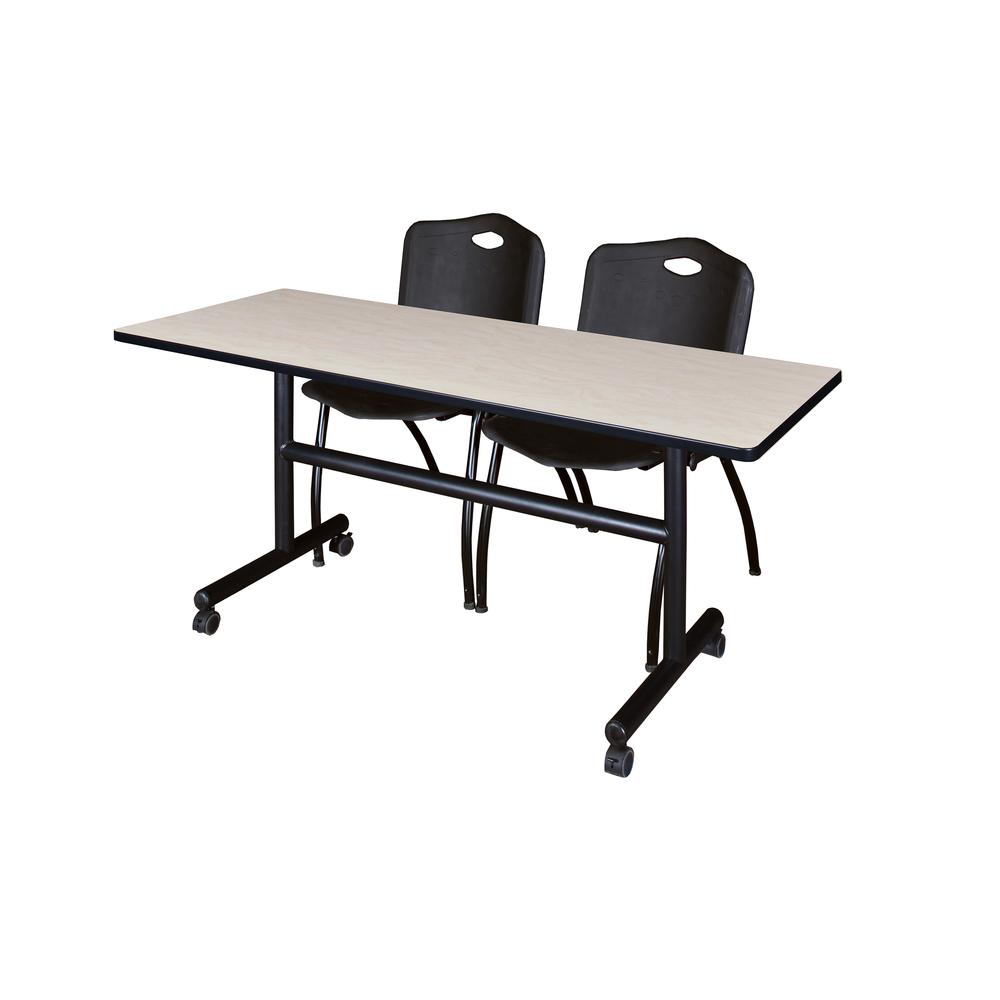 60" x 30" Flip Top Mobile Training Table- Maple and 2 "M" Stack Chairs- Black. Picture 1
