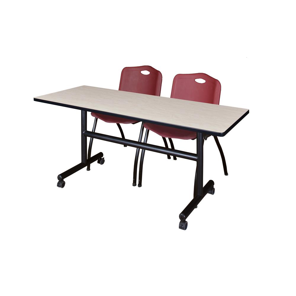 60" x 30" Flip Top Mobile Training Table- Maple and 2 "M" Stack Chairs- Burgundy. Picture 1
