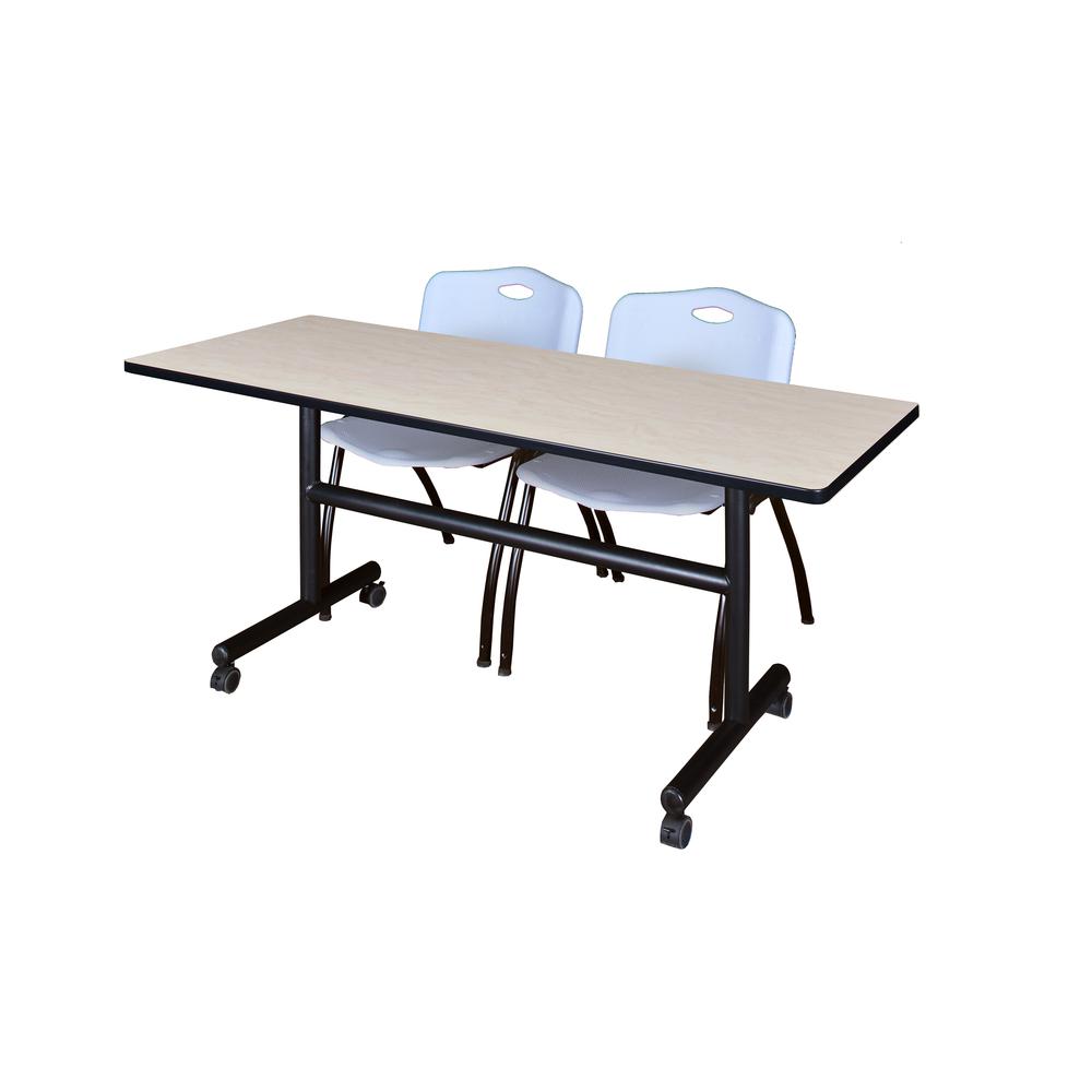 60" x 30" Flip Top Mobile Training Table- Maple and 2 "M" Stack Chairs- Grey. Picture 1