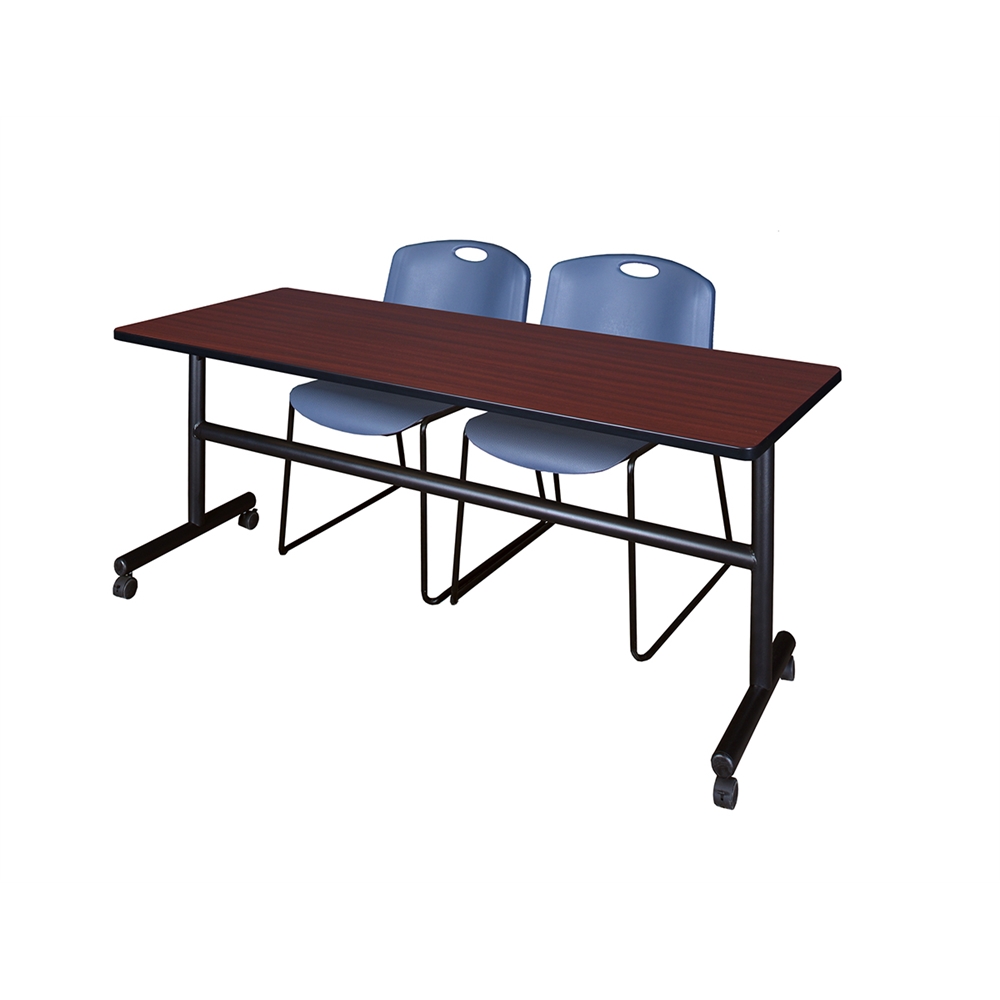 Kobe 72" Flip Top Mobile Training Table- Mahogany & 2 Zeng Stack Chairs- Blue. Picture 1