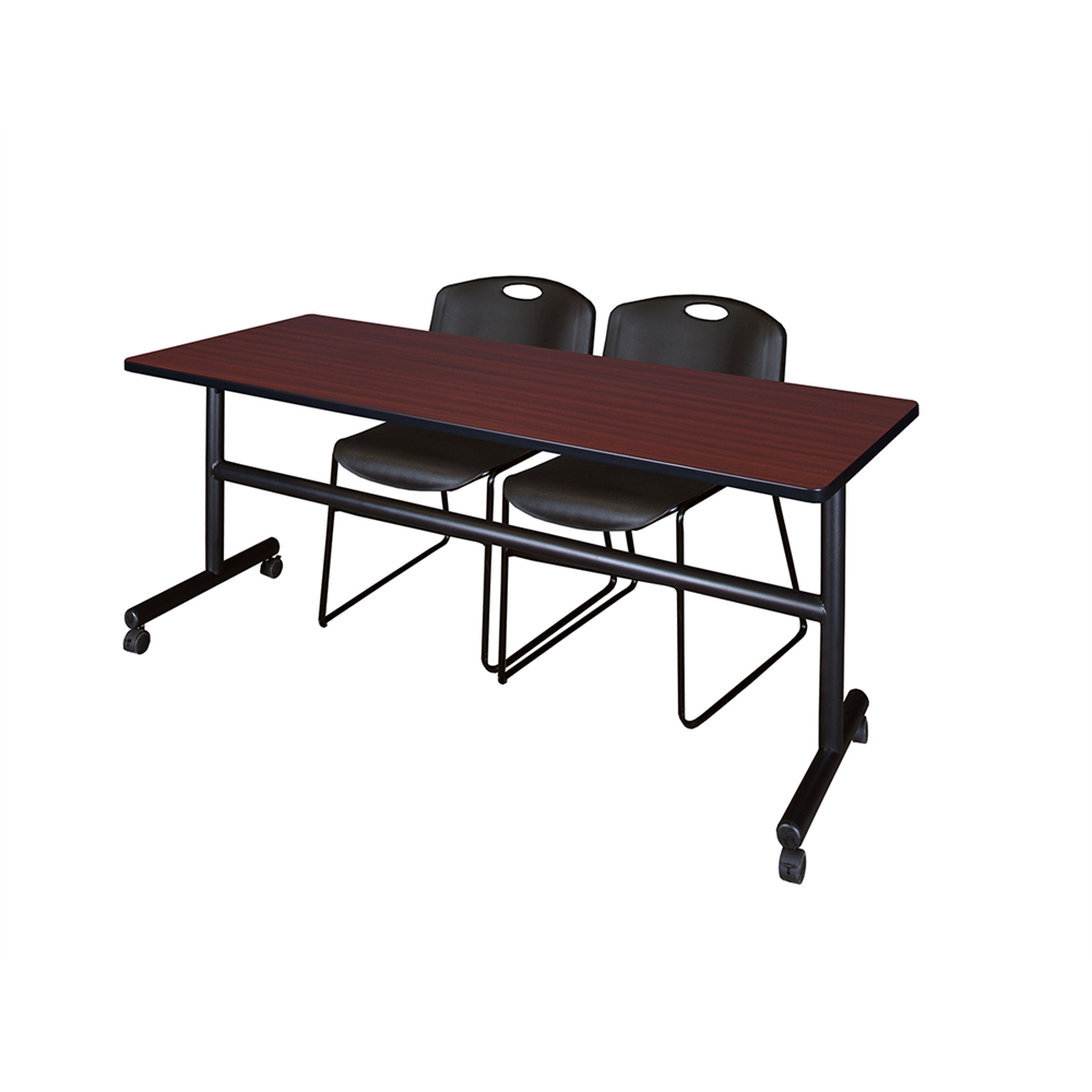 Kobe 72" Flip Top Mobile Training Table- Mahogany & 2 Zeng Stack Chairs- Black. Picture 1
