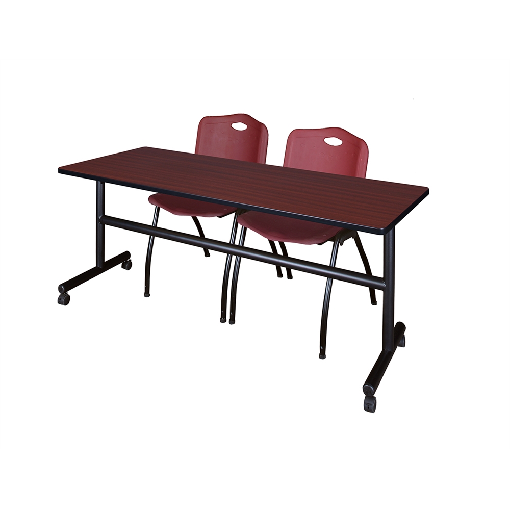 Kobe 72" Flip Top Mobile Training Table- Mahogany & 2 'M' Stack Chairs- Burgundy. Picture 1