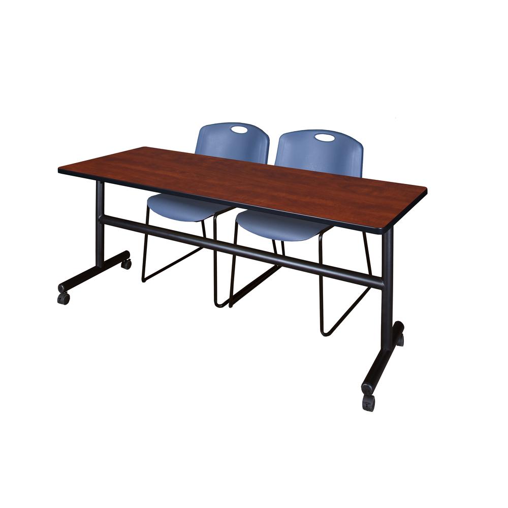 72" x 30" Flip Top Mobile Training Table- Cherry and 2 Zeng Stack Chairs- Blue. Picture 1