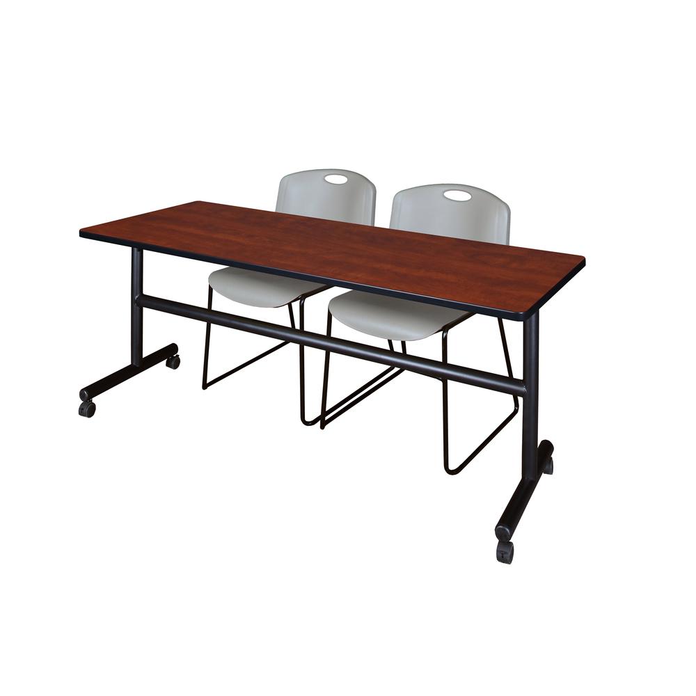 72" x 30" Flip Top Mobile Training Table- Cherry and 2 Zeng Stack Chairs- Grey. Picture 1