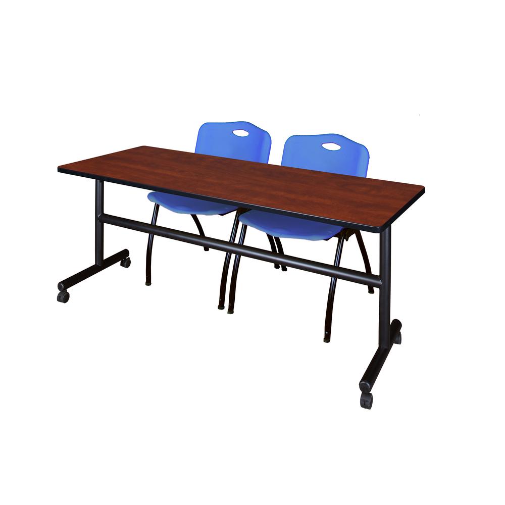 72" x 30" Flip Top Mobile Training Table- Cherry and 2 "M" Stack Chairs- Blue. Picture 1