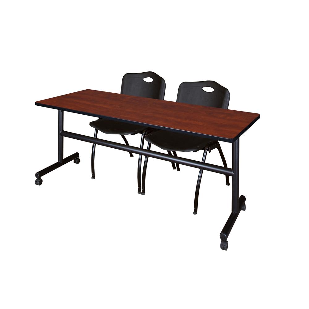 72" x 30" Flip Top Mobile Training Table- Cherry and 2 "M" Stack Chairs- Black. Picture 1