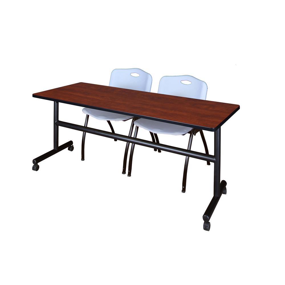 72" x 30" Flip Top Mobile Training Table- Cherry and 2 "M" Stack Chairs- Grey. The main picture.
