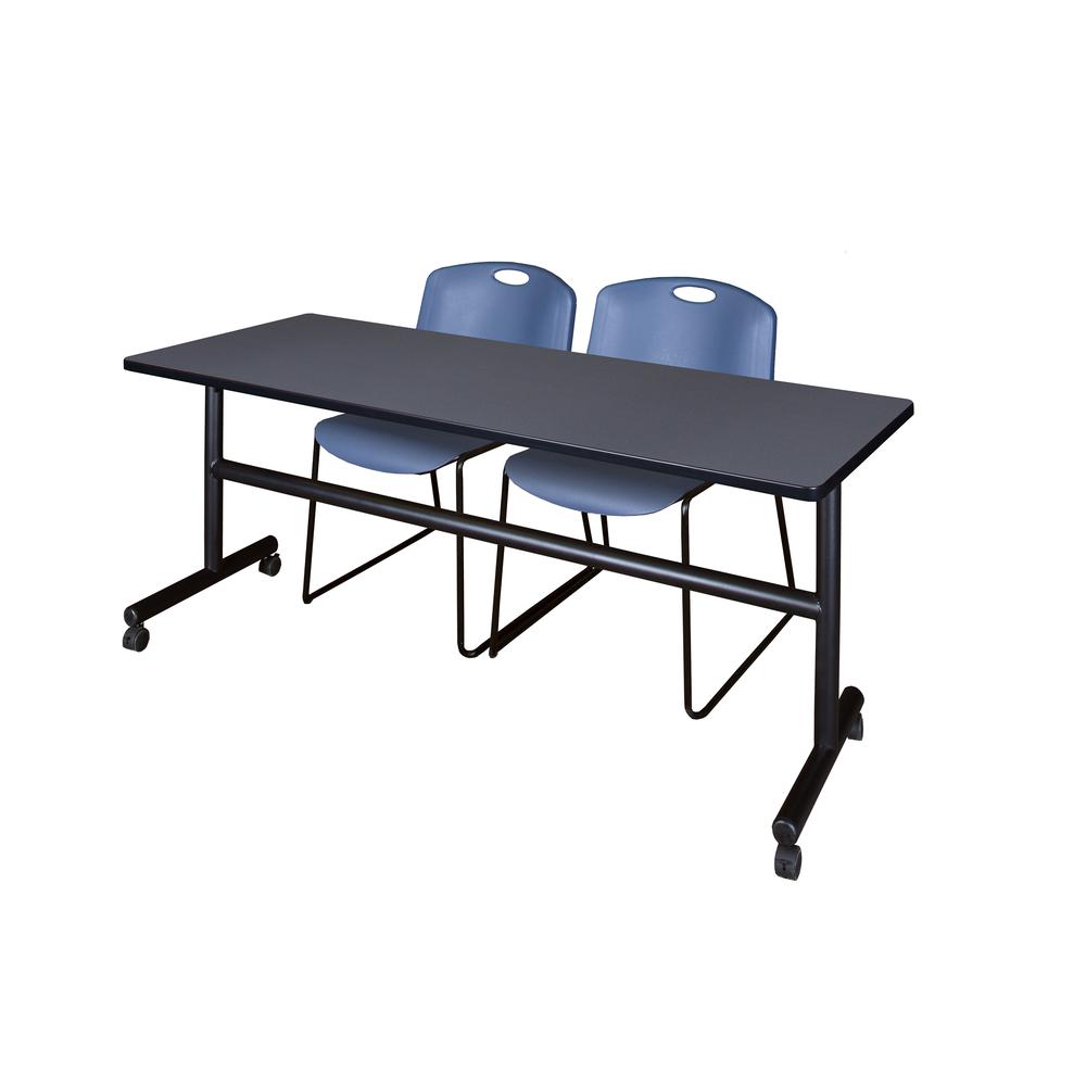 72" x 30" Flip Top Mobile Training Table- Grey and 2 Zeng Stack Chairs- Blue. Picture 1