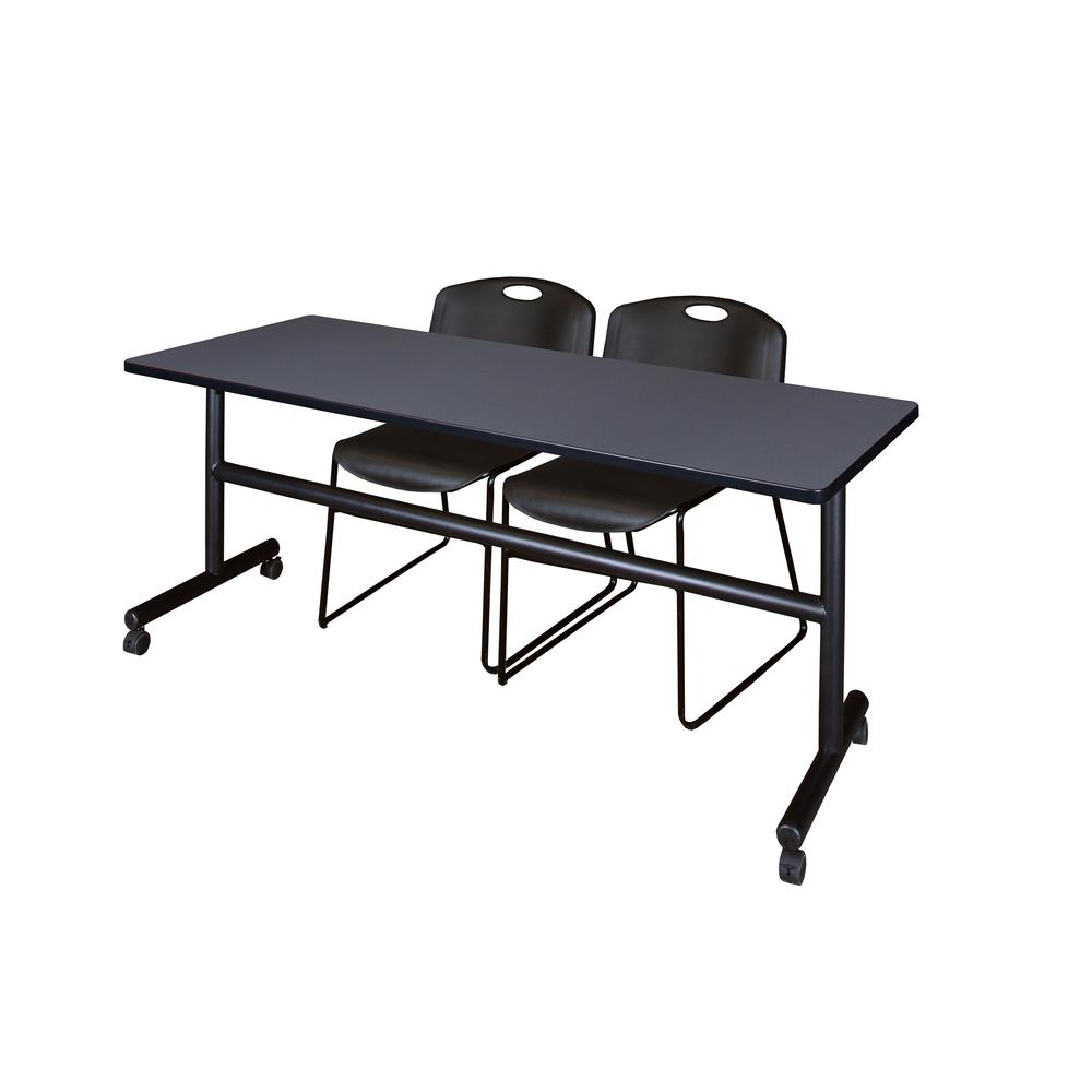 72" x 30" Flip Top Mobile Training Table- Grey and 2 Zeng Stack Chairs- Black. Picture 1