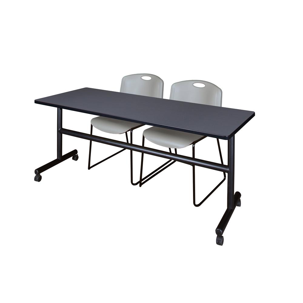 72" x 30" Flip Top Mobile Training Table- Grey and 2 Zeng Stack Chairs- Grey. Picture 1