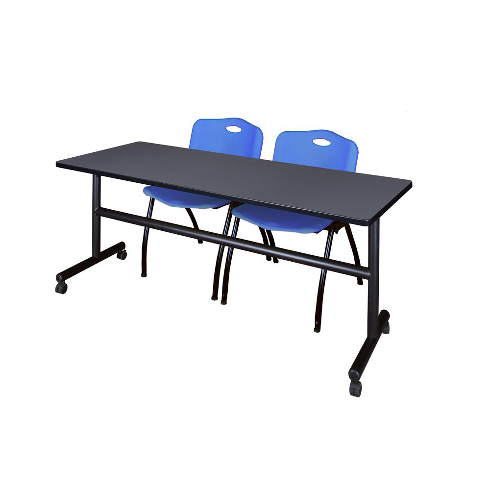 72" x 30" Flip Top Mobile Training Table- Grey and 2 "M" Stack Chairs- Blue. Picture 1