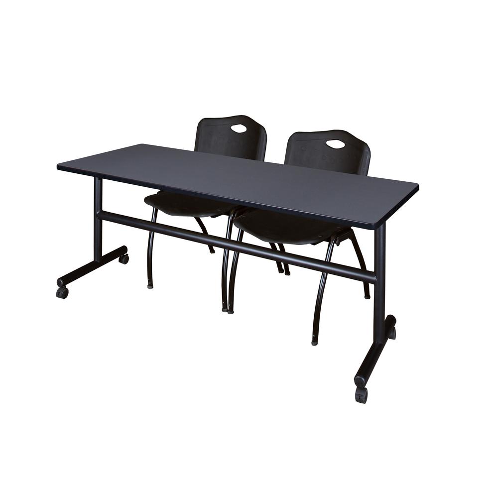 72" x 30" Flip Top Mobile Training Table- Grey and 2 "M" Stack Chairs- Black. Picture 1