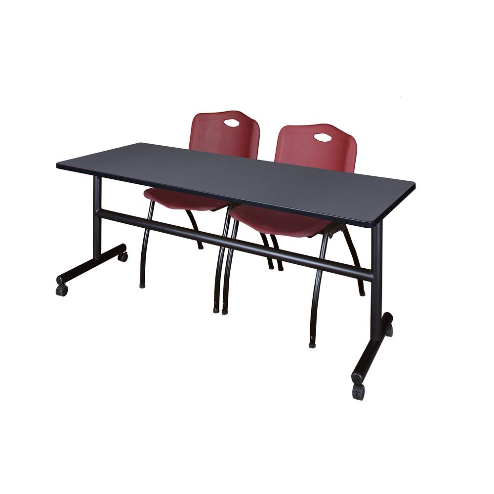 72" x 30" Flip Top Mobile Training Table- Grey and 2 "M" Stack Chairs- Burgundy. Picture 1