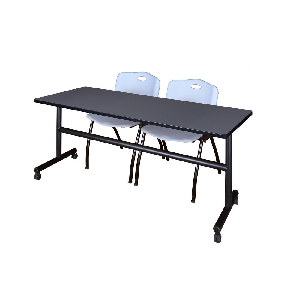 72" x 30" Flip Top Mobile Training Table- Grey and 2 "M" Stack Chairs- Grey. Picture 1