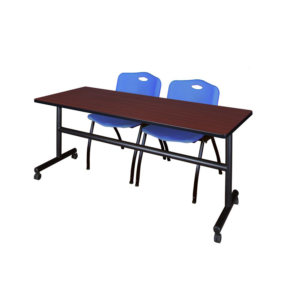 72" x 30" Flip Top Mobile Training Table- Mahogany and 2 "M" Stack Chairs- Blue. Picture 1