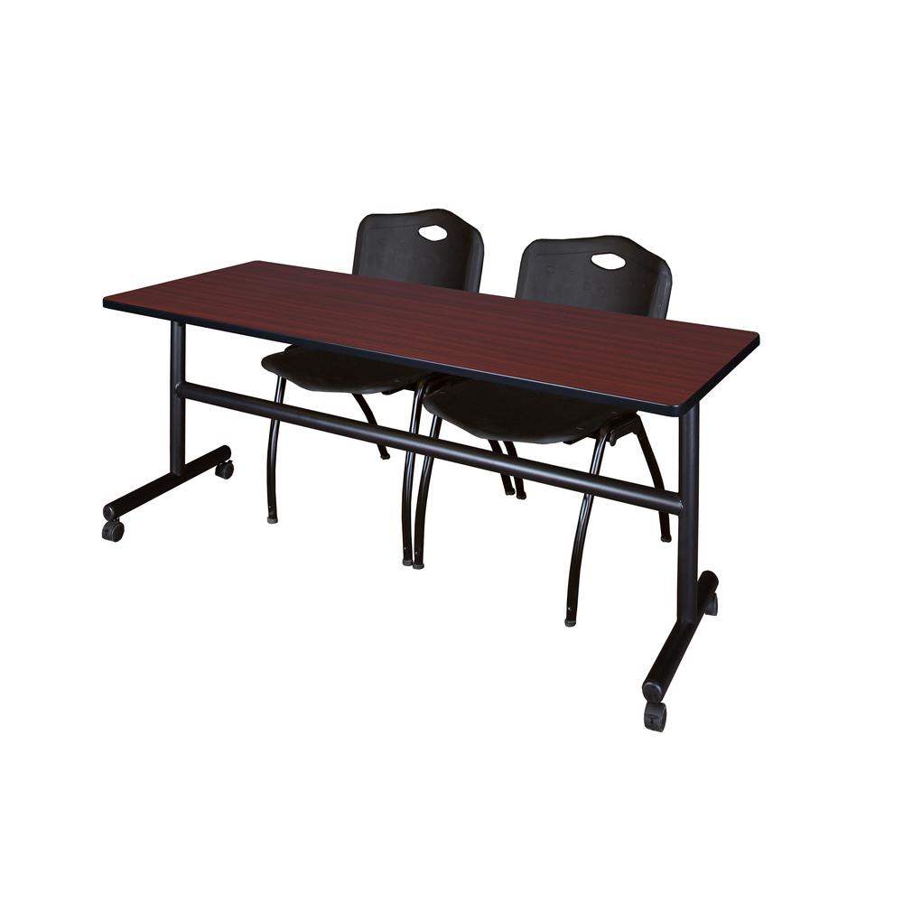 72" x 30" Flip Top Mobile Training Table- Mahogany and 2 "M" Stack Chairs- Black. Picture 1