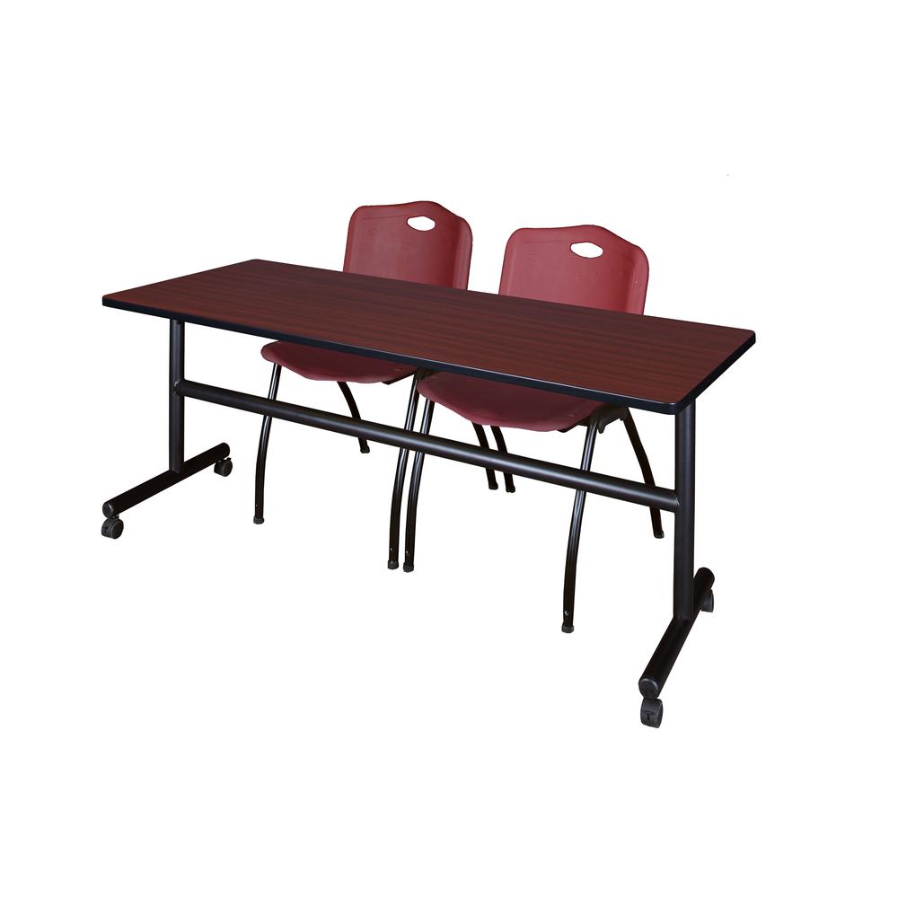 72" x 30" Flip Top Mobile Training Table- Mahogany and 2 "M" Stack Chairs- Burgundy. Picture 1