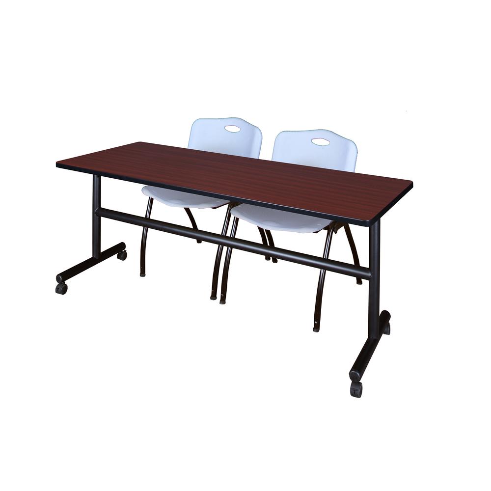 72" x 30" Flip Top Mobile Training Table- Mahogany and 2 "M" Stack Chairs- Grey. Picture 1