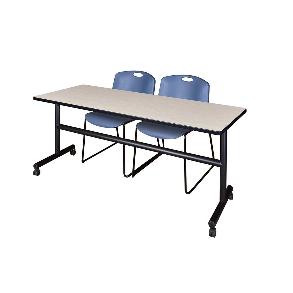 72" x 30" Flip Top Mobile Training Table- Maple and 2 Zeng Stack Chairs- Blue. Picture 1