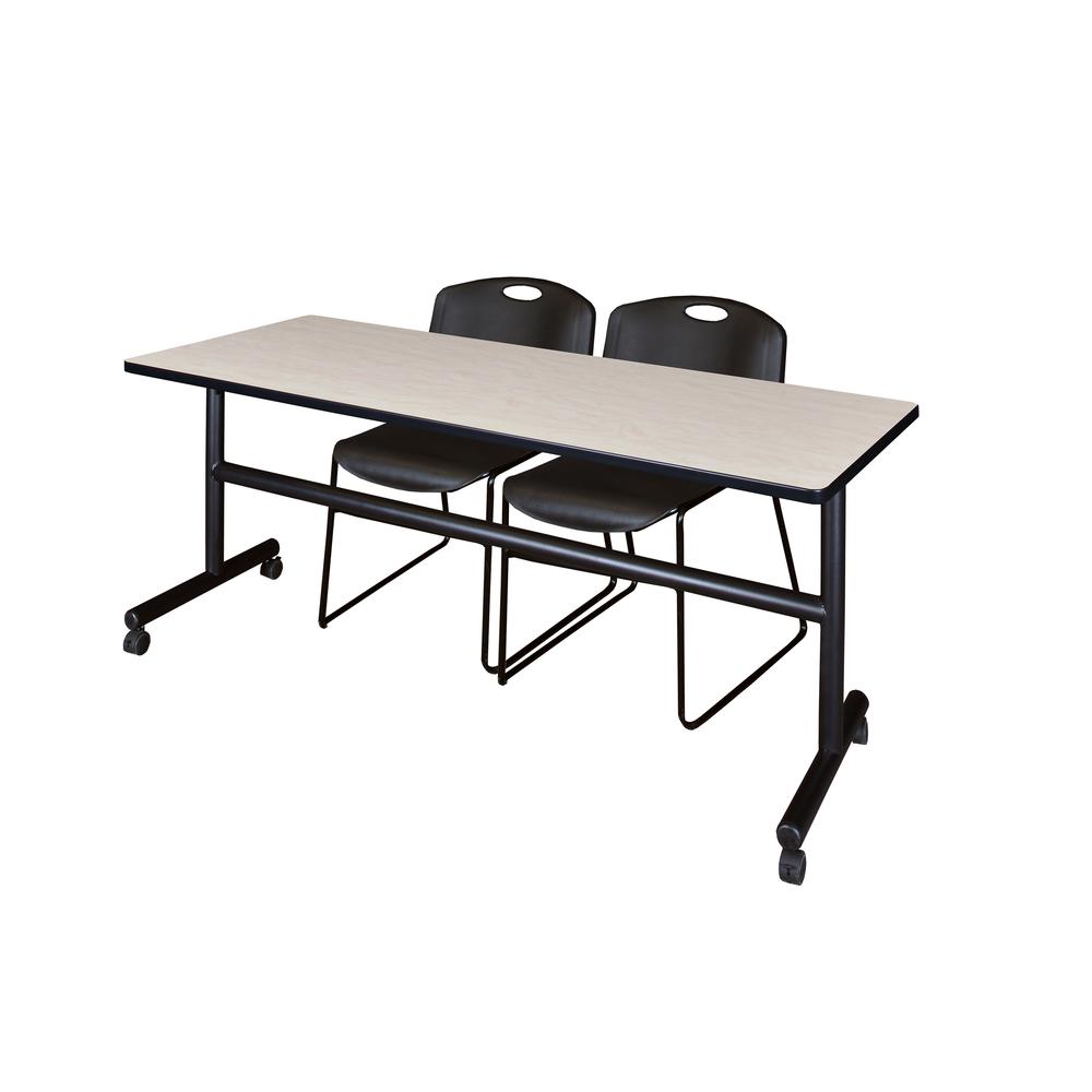 72" x 30" Flip Top Mobile Training Table- Maple and 2 Zeng Stack Chairs- Black. Picture 1