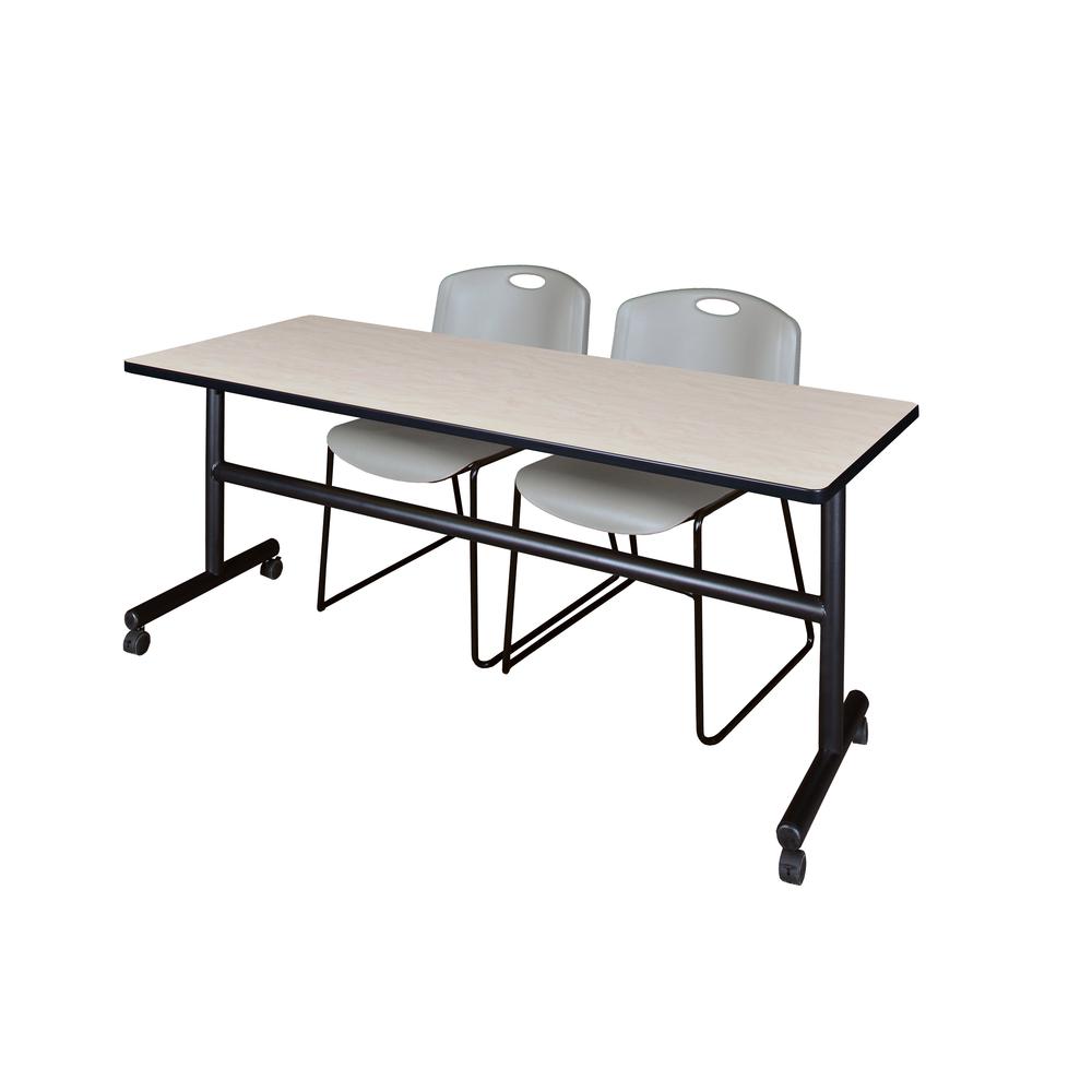 72" x 30" Flip Top Mobile Training Table- Maple and 2 Zeng Stack Chairs- Grey. Picture 1