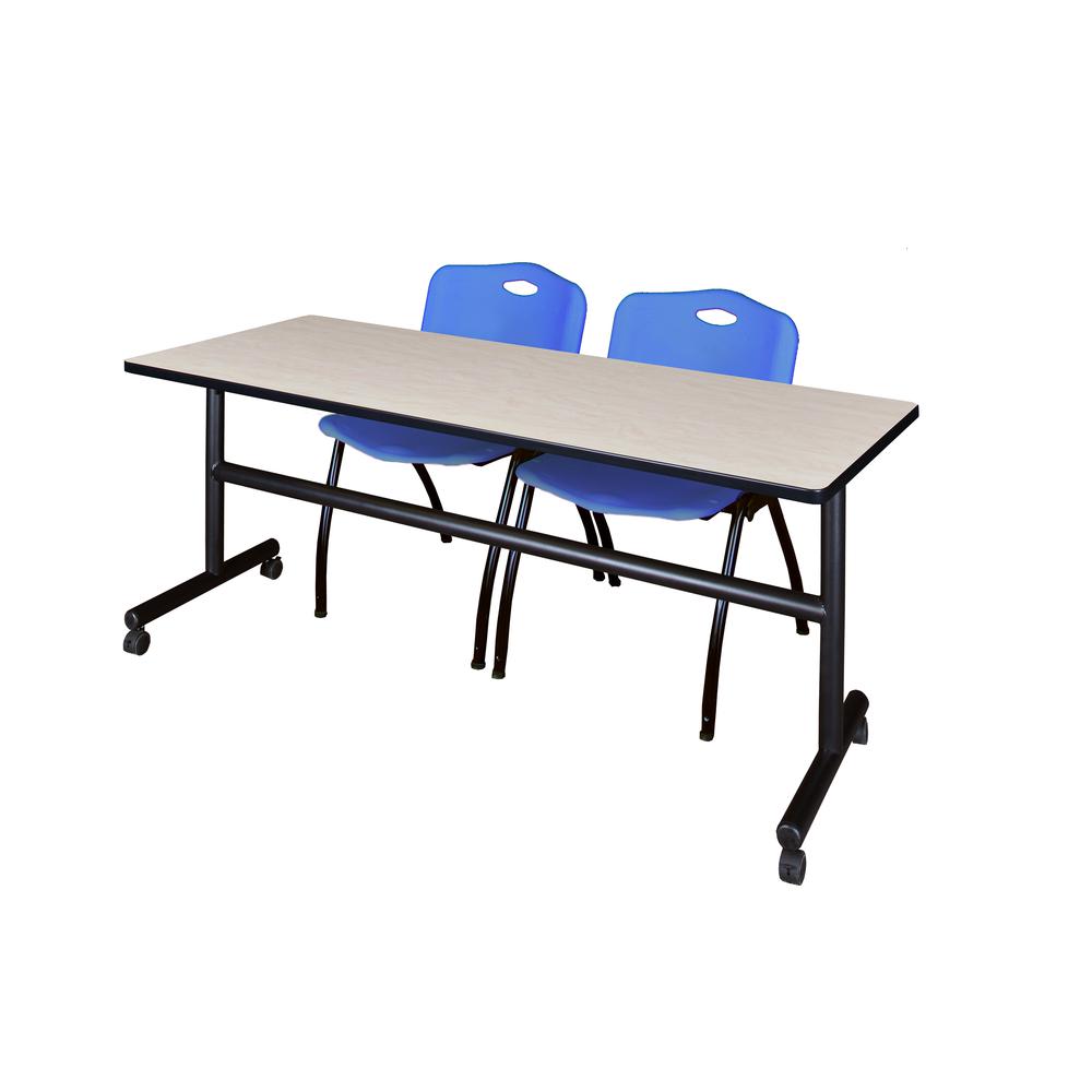 72" x 30" Flip Top Mobile Training Table- Maple and 2 "M" Stack Chairs- Blue. Picture 1