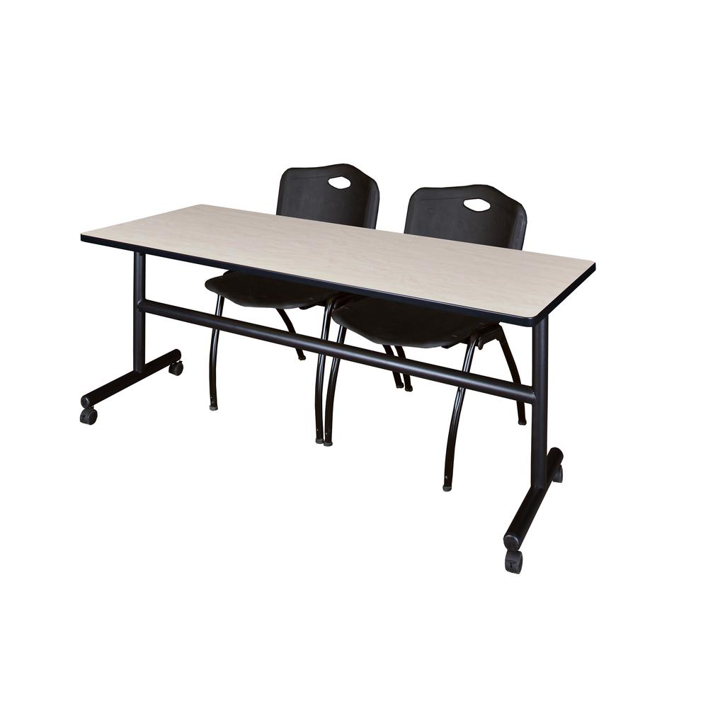72" x 30" Flip Top Mobile Training Table- Maple and 2 "M" Stack Chairs- Black. Picture 1
