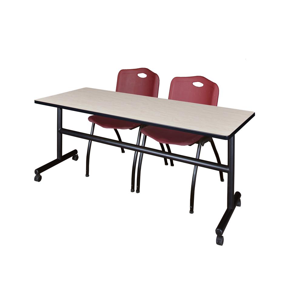 72" x 30" Flip Top Mobile Training Table- Maple and 2 "M" Stack Chairs- Burgundy. Picture 1