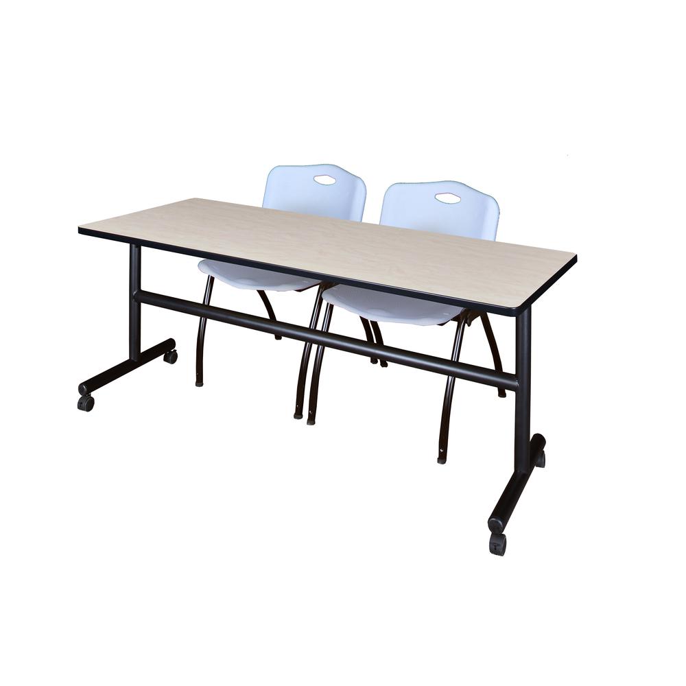 72" x 30" Flip Top Mobile Training Table- Maple and 2 "M" Stack Chairs- Grey. Picture 1