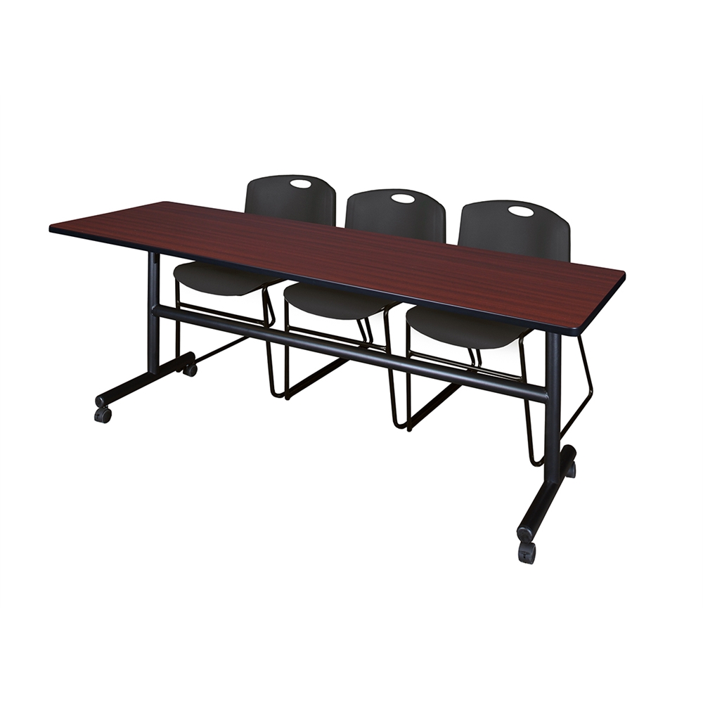 Kobe 84" Flip Top Mobile Training Table- Mahogany & 3 Zeng Stack Chairs- Black. Picture 1