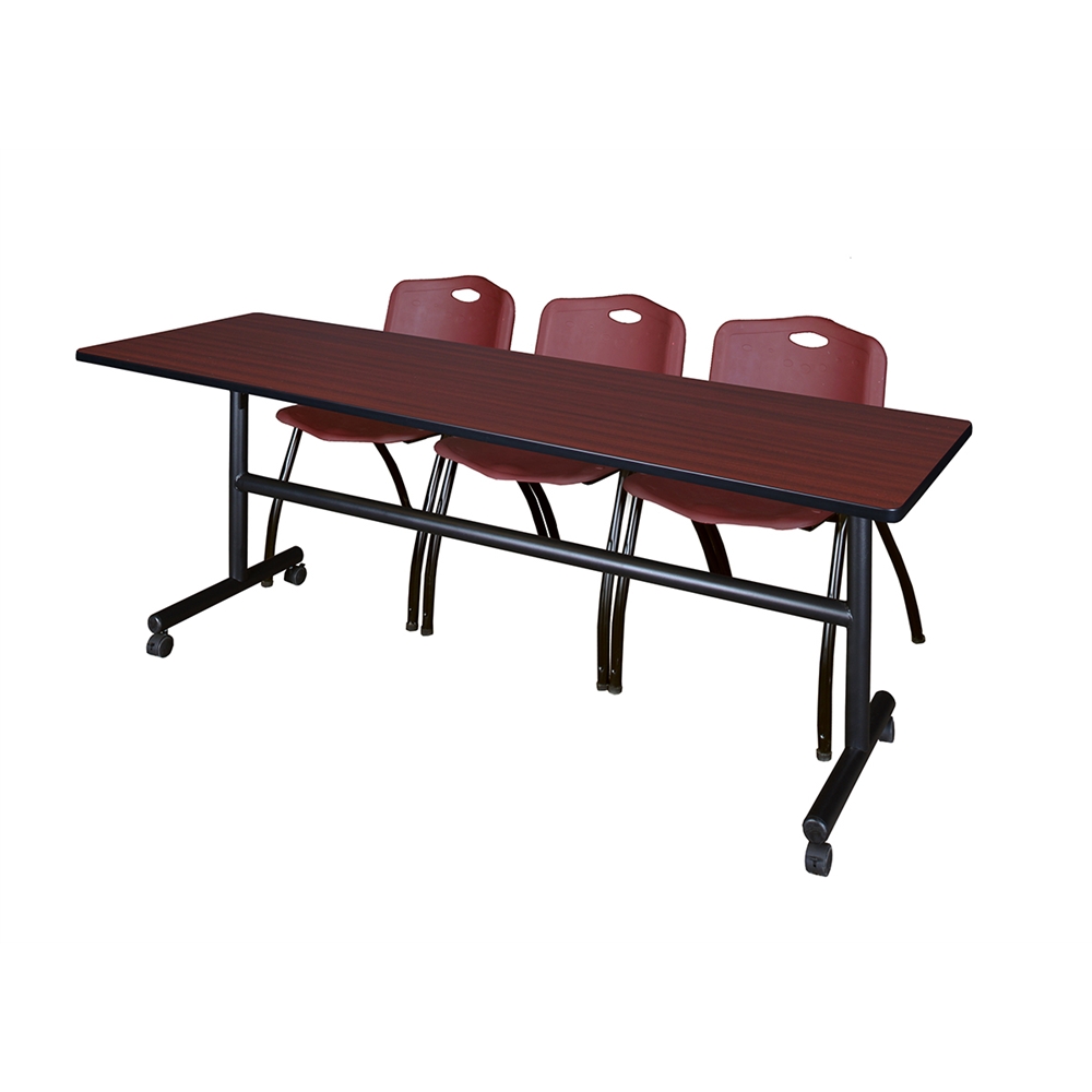 Kobe 84" Flip Top Mobile Training Table- Mahogany & 3 'M' Stack Chairs- Burgundy. Picture 1