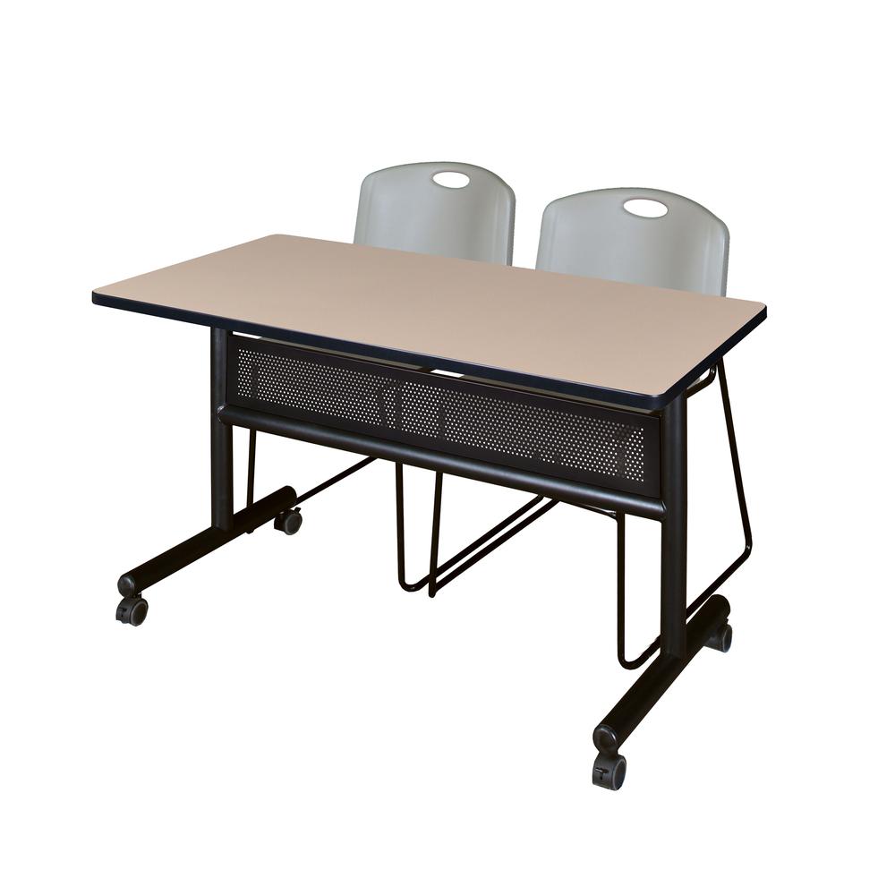 48" x 24" Flip Top Mobile Training Table with Modesty Panel- Beige and 2 Zeng Stack Chairs- Grey. The main picture.