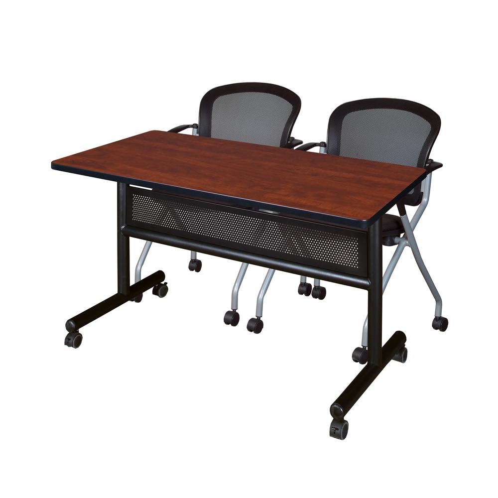 48" x 24" Flip Top Mobile Training Table with Modesty Panel- Cherry and 2 Cadence Nesting Chairs. Picture 1