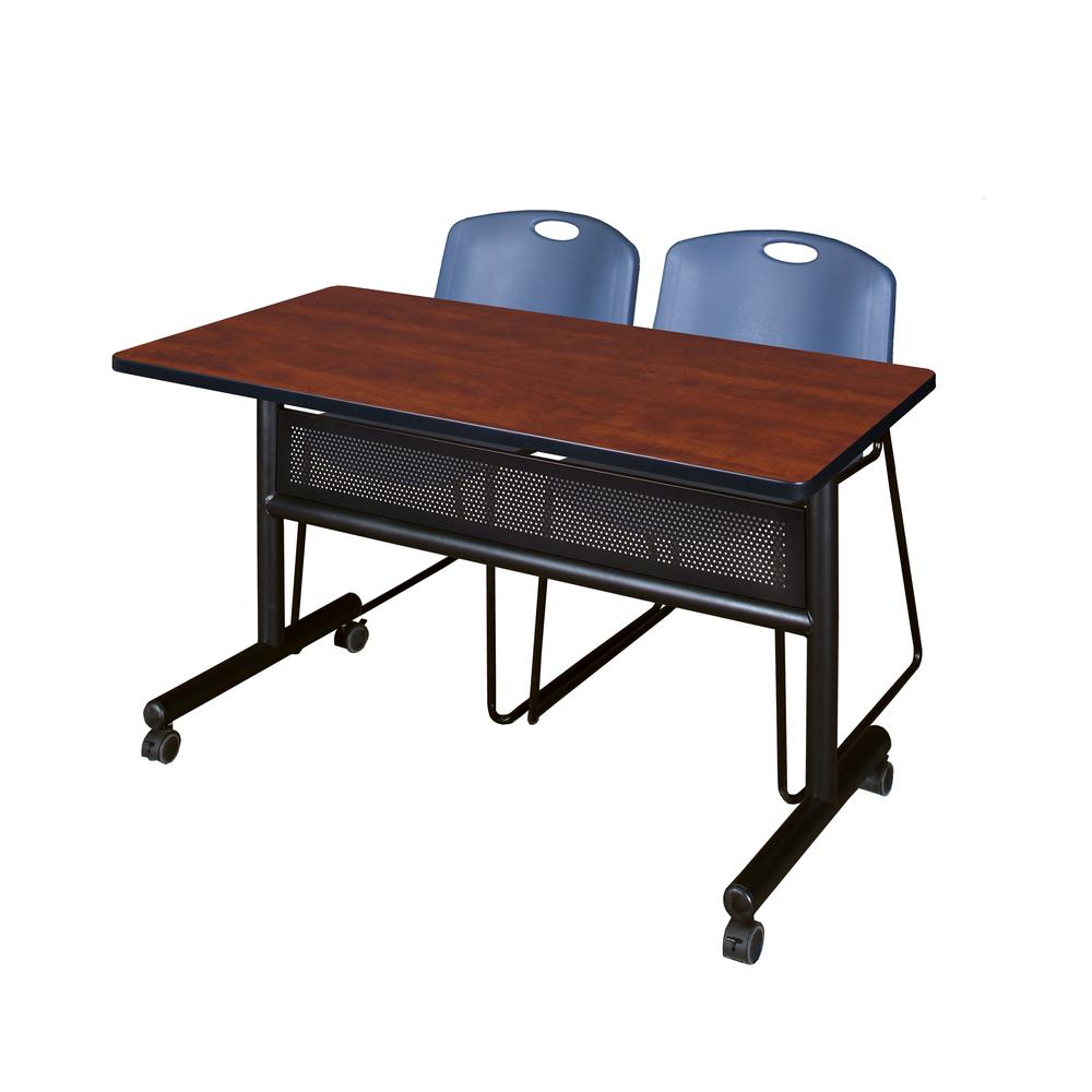 48" x 24" Flip Top Mobile Training Table with Modesty Panel- Cherry and 2 Zeng Stack Chairs- Blue. Picture 1