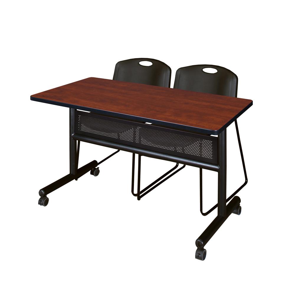 48" x 24" Flip Top Mobile Training Table with Modesty Panel- Cherry and 2 Zeng Stack Chairs- Black. Picture 1