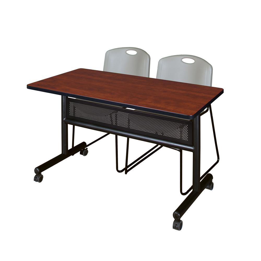 48" x 24" Flip Top Mobile Training Table with Modesty Panel- Cherry and 2 Zeng Stack Chairs- Grey. Picture 1