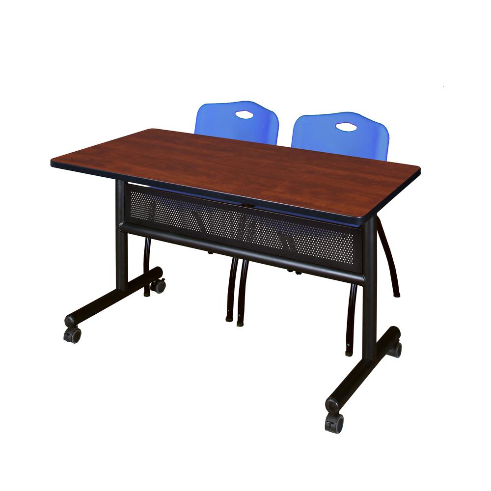 48" x 24" Flip Top Mobile Training Table with Modesty Panel- Cherry and 2 "M" Stack Chairs- Blue. The main picture.