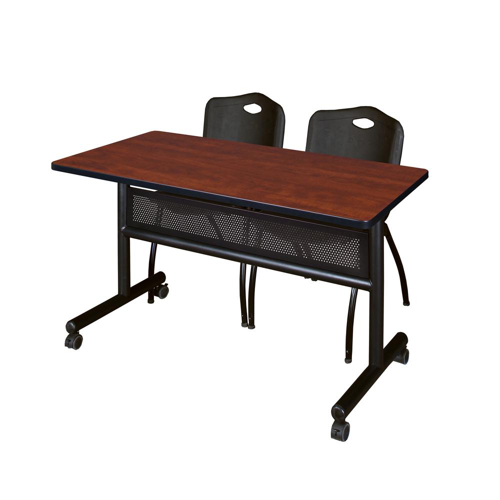 48" x 24" Flip Top Mobile Training Table with Modesty Panel- Cherry and 2 "M" Stack Chairs- Black. Picture 1