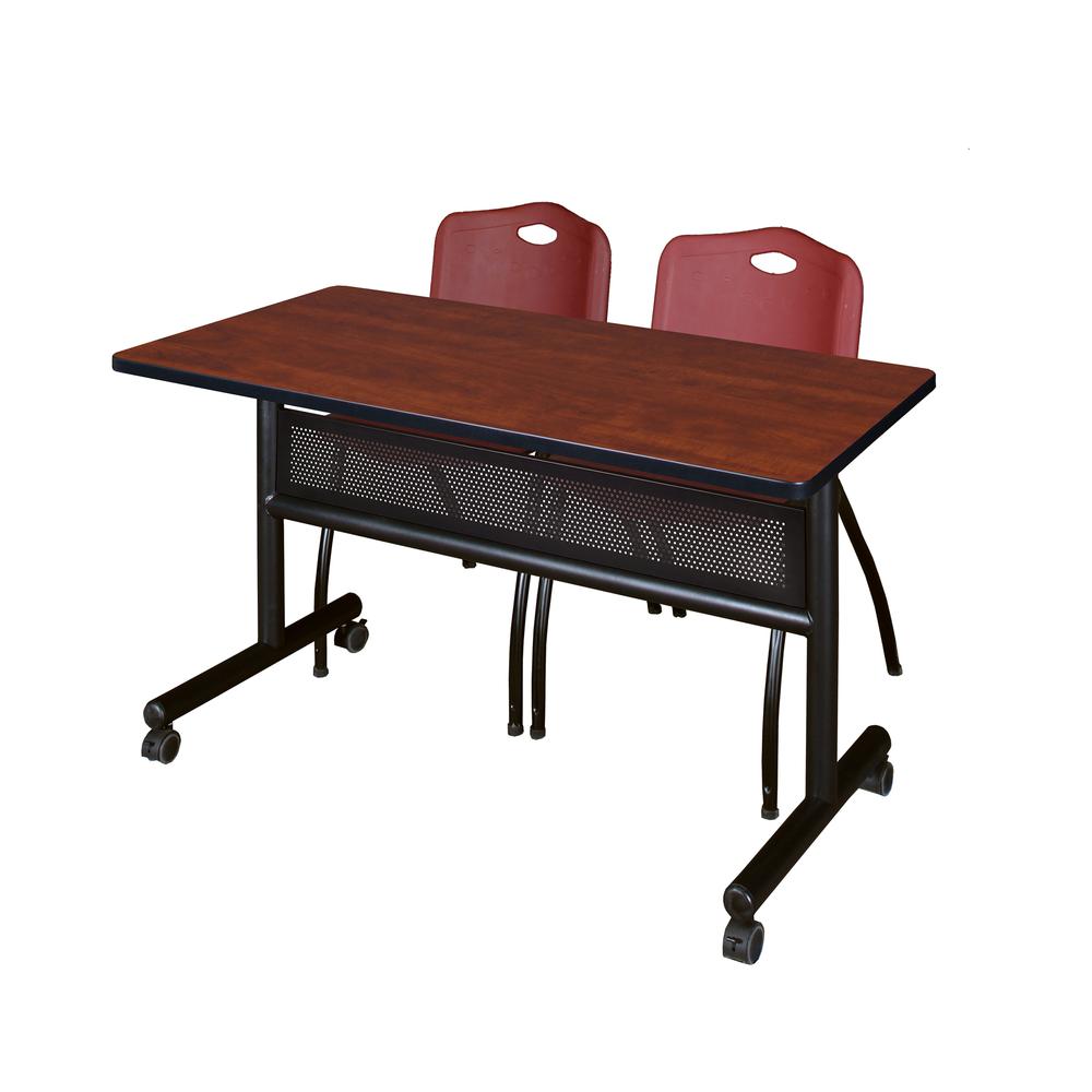 48" x 24" Flip Top Mobile Training Table with Modesty Panel- Cherry and 2 "M" Stack Chairs- Burgundy. Picture 1