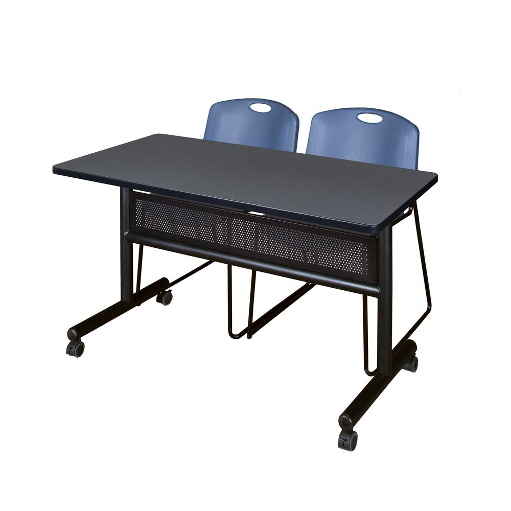 48" x 24" Flip Top Mobile Training Table with Modesty Panel- Grey and 2 Zeng Stack Chairs- Blue. Picture 1