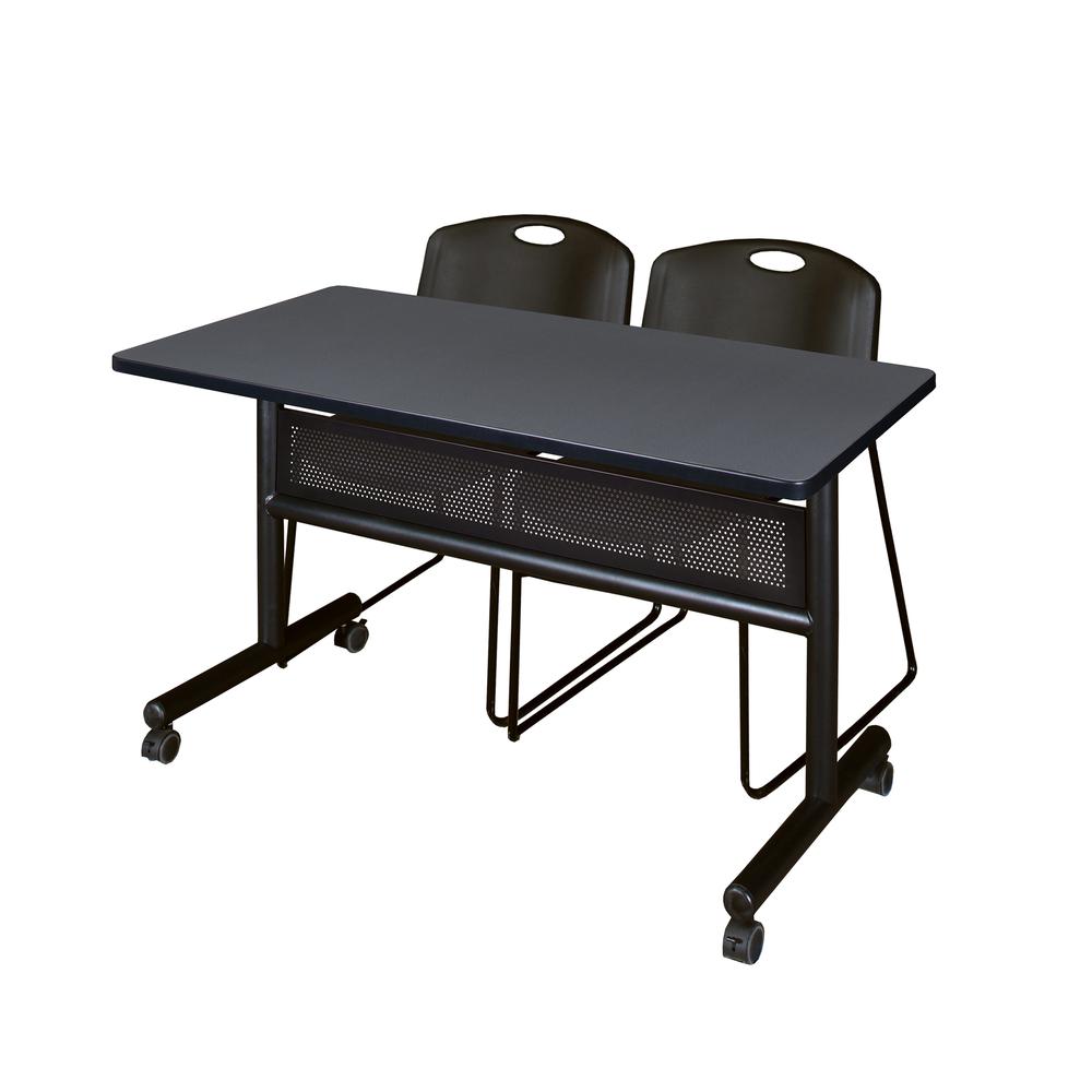 48" x 24" Flip Top Mobile Training Table with Modesty Panel- Grey and 2 Zeng Stack Chairs- Black. Picture 1