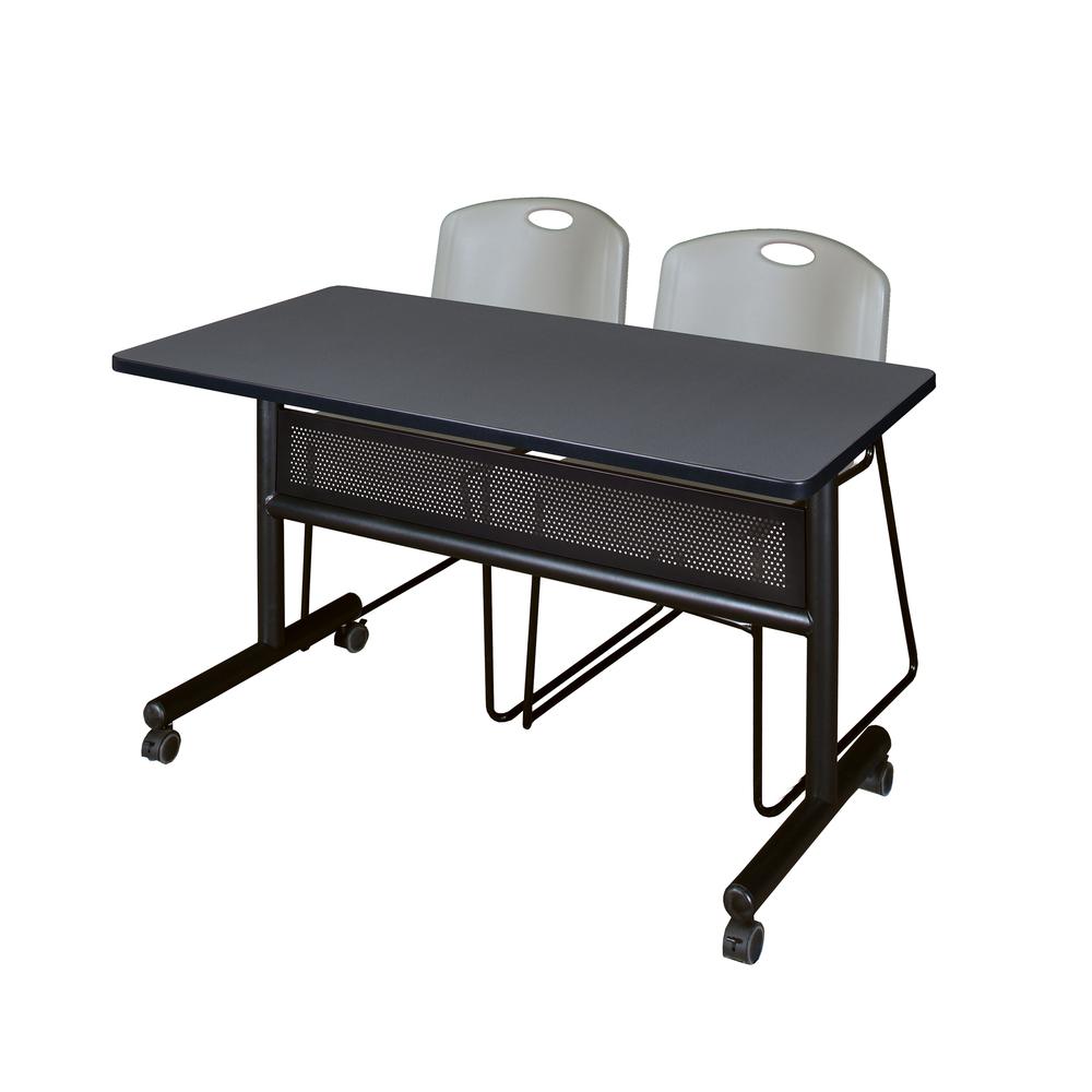 48" x 24" Flip Top Mobile Training Table with Modesty Panel- Grey and 2 Zeng Stack Chairs- Grey. Picture 1