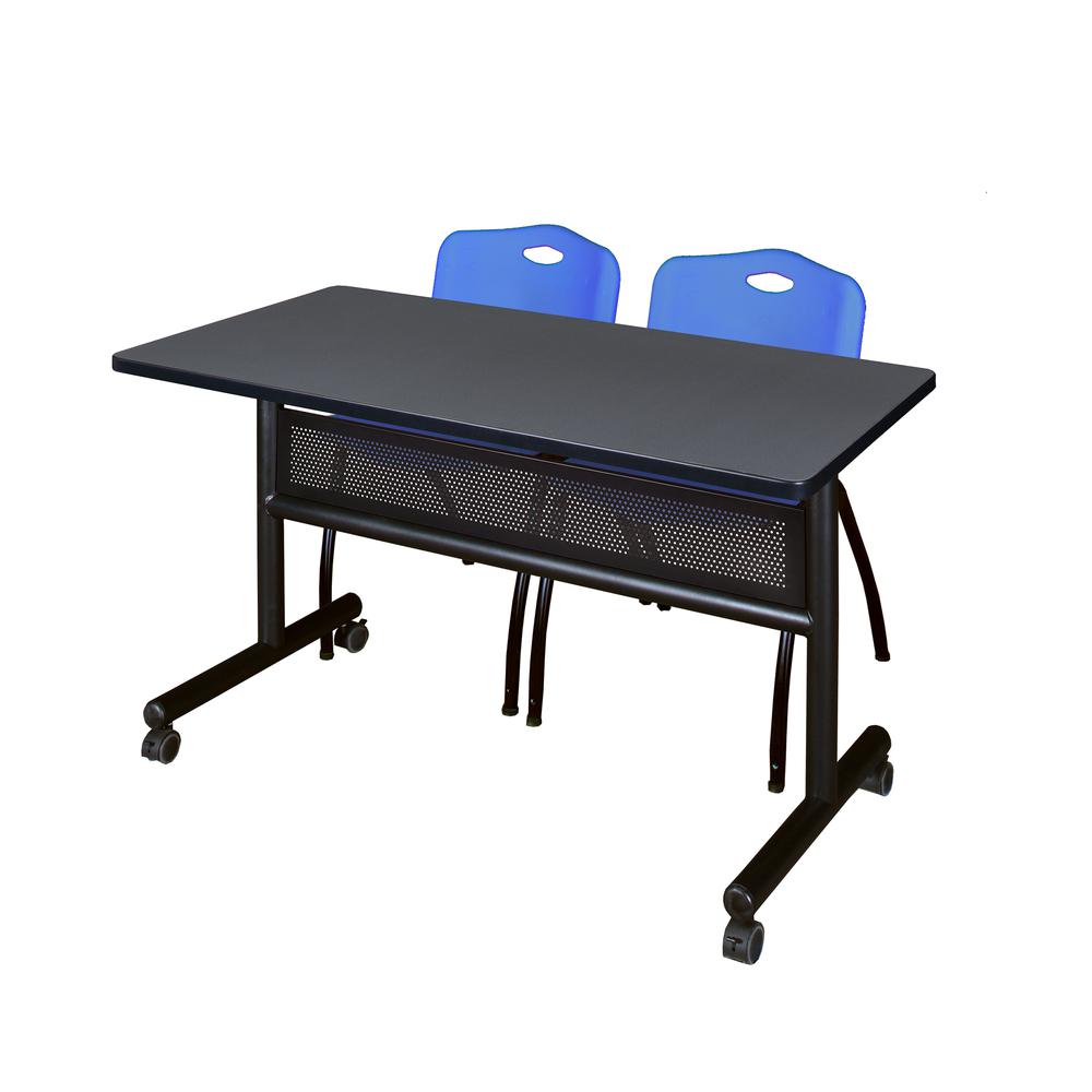 48" x 24" Flip Top Mobile Training Table with Modesty Panel- Grey and 2 "M" Stack Chairs- Blue. The main picture.